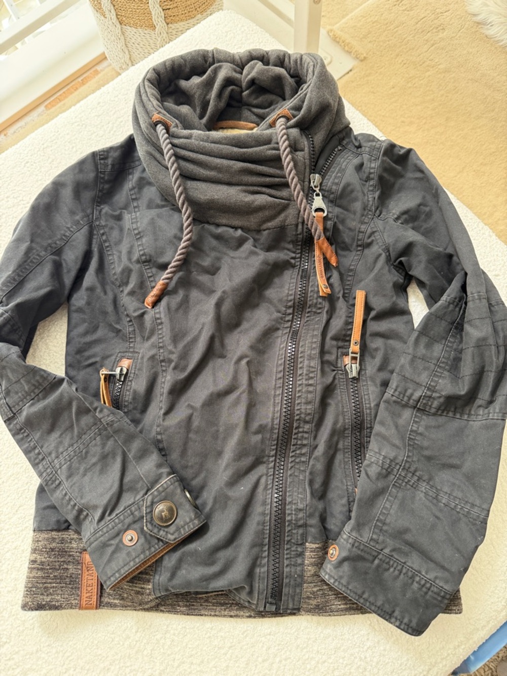 Rare Naketano Dark Gray Funnel Neck Utility Jacket with Contrast Trim